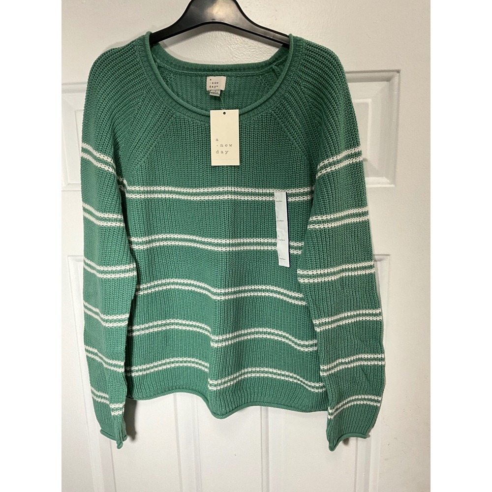 A New Day Womens Green White Striped Shaker Knit Pullover Sweater Size L NWT